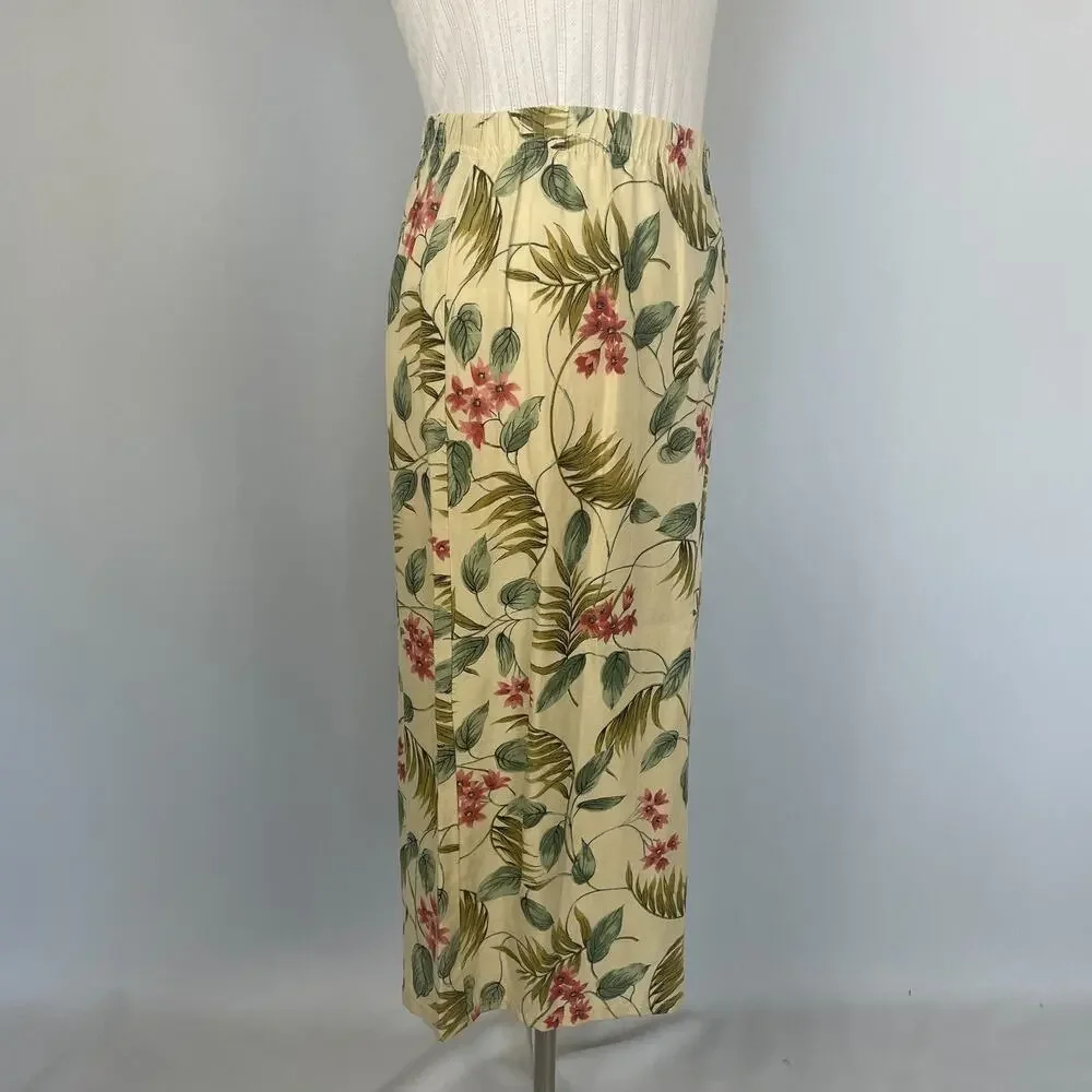 Vintage Midi Skirt Size Small Cream Yellow Floral Print Tropical Boho Linen 90s